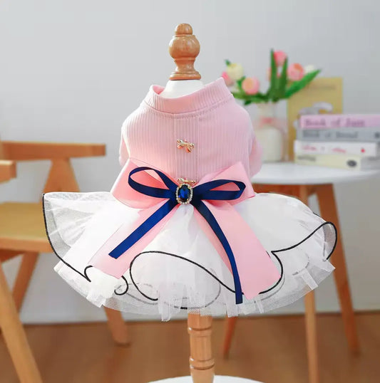 Hundekleid „Princess Tutu“ – Rosa mit marineblauer Schleife Abendkleid